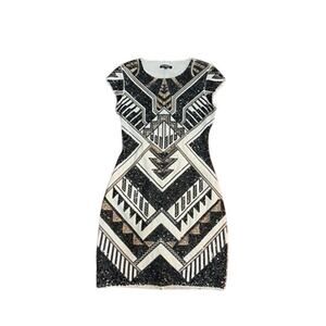 Express beautiful short sleeve black and white sequin sparkle fitted dress sz XS